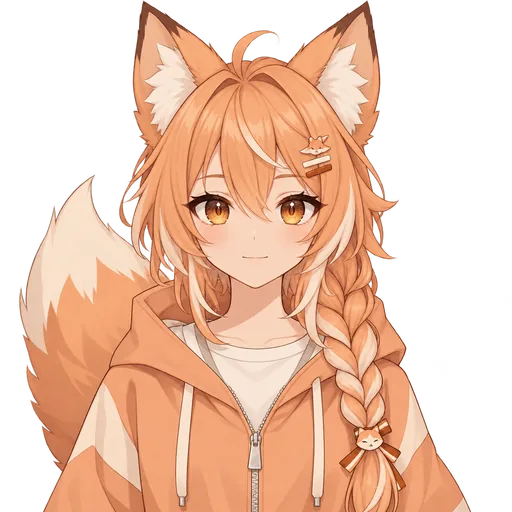 Fox Streamer: a fox girl with orange hair in a side braid, fox ears, a fluffy tail and an orange zip-up hoodie