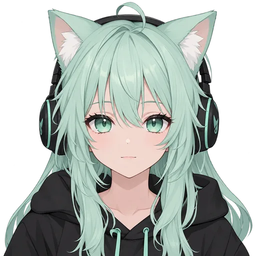 Mint Gamer: a girl with long mint-green hair, cat ears, black gaming headphones and a black hoodie
