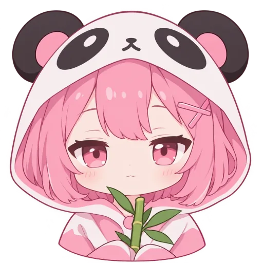 Panda Hoodie: a girl with a pink bob in a panda-eared hood, holding a sprig of bamboo