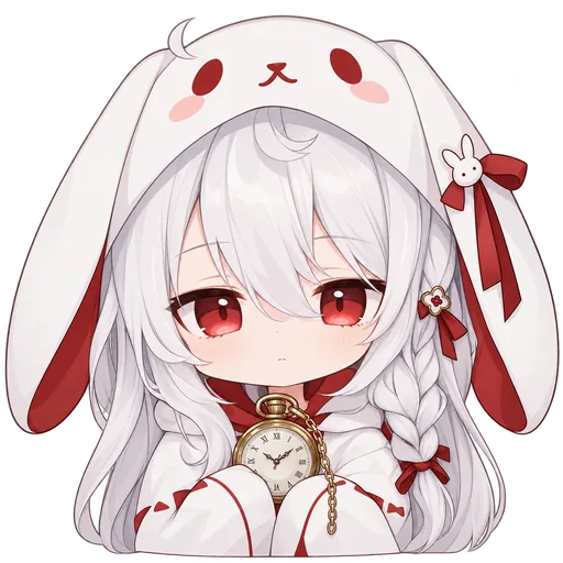 Rabbit Hoodie: a girl with white hair and red eyes in a white bunny-eared hood with red ribbons, holding a pocket watch