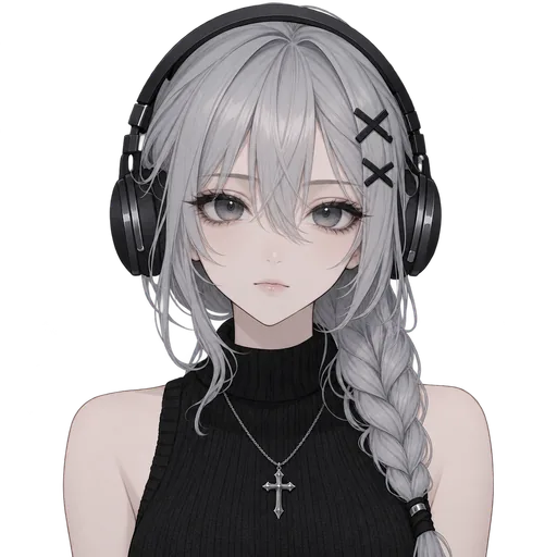 Soft Goth: a girl with silver hair in a long braid, black headphones, X-shaped hair clips and a black sleeveless top with a cross necklace
