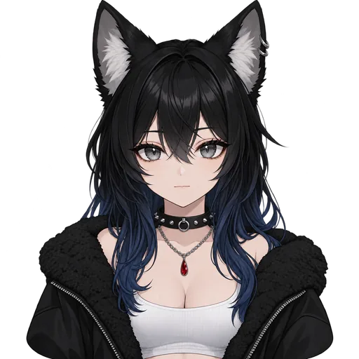 Wolf Girl: a wolf girl with black hair fading to blue, wolf ears, a choker and a black fluffy jacket